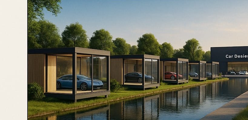 Glass car display cubes by the water